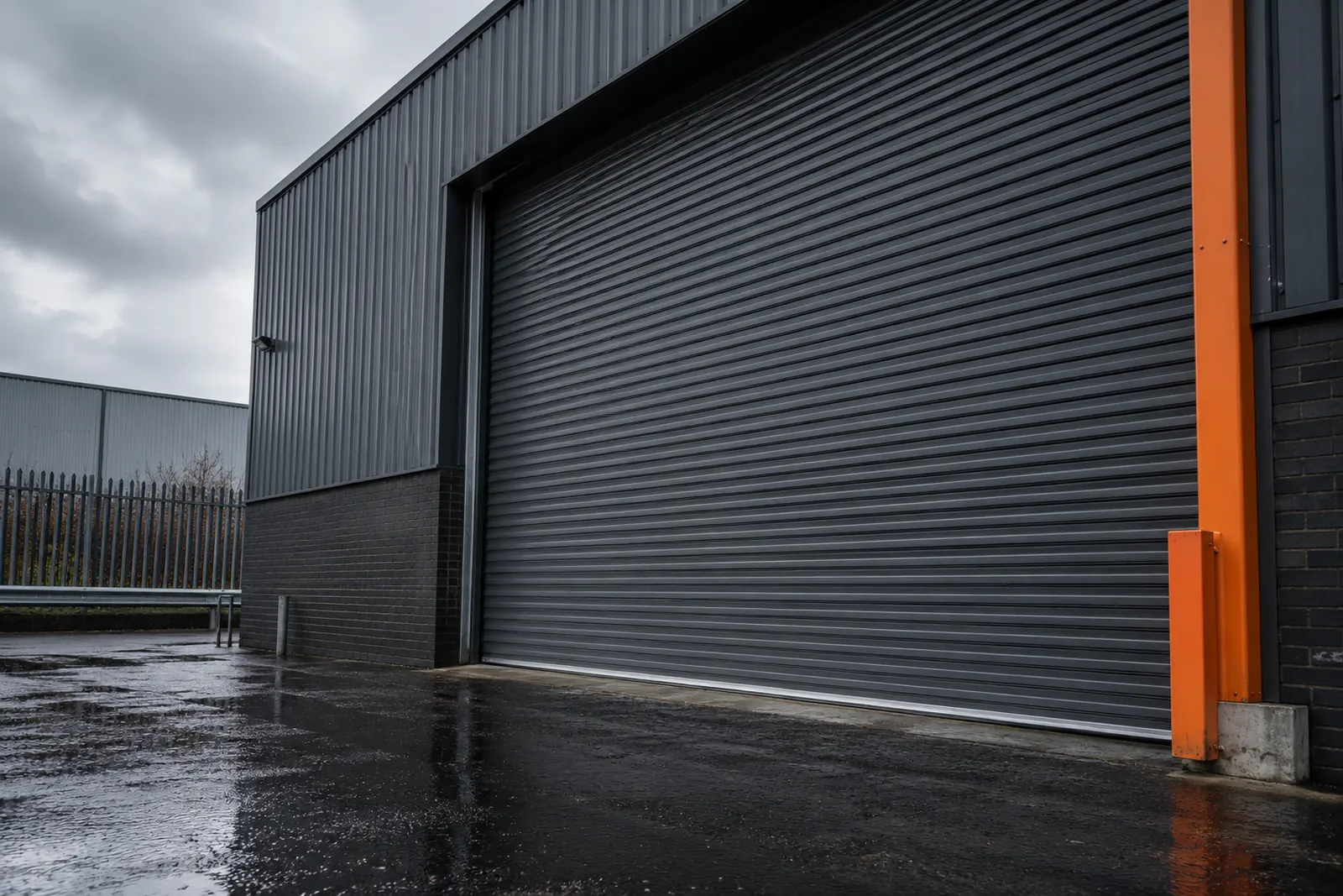 Galvanised warehouse shutter above a rain-darkened loading apron in Glasgow