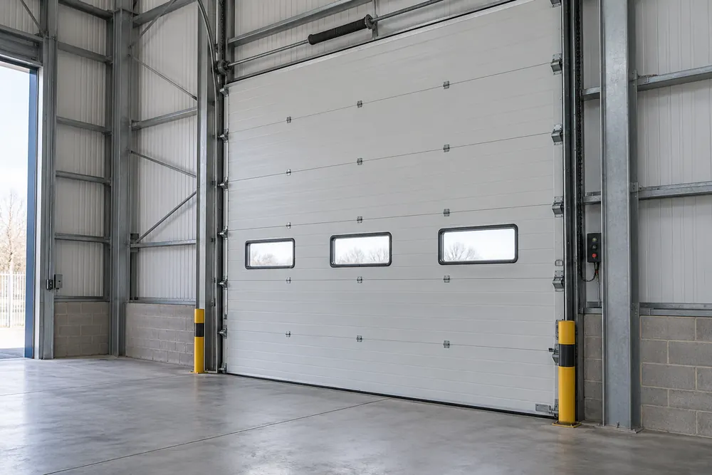Panelled overhead door and raised guide tracks for a Glasgow industrial opening